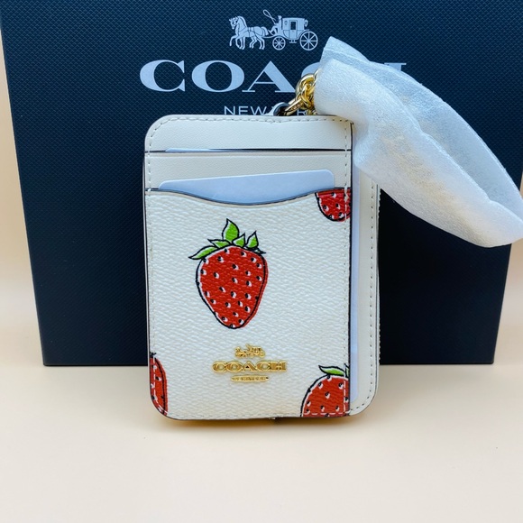 Coach Zip Card Case with Strawberry Print Chalk Multi - Picture 1 of 5